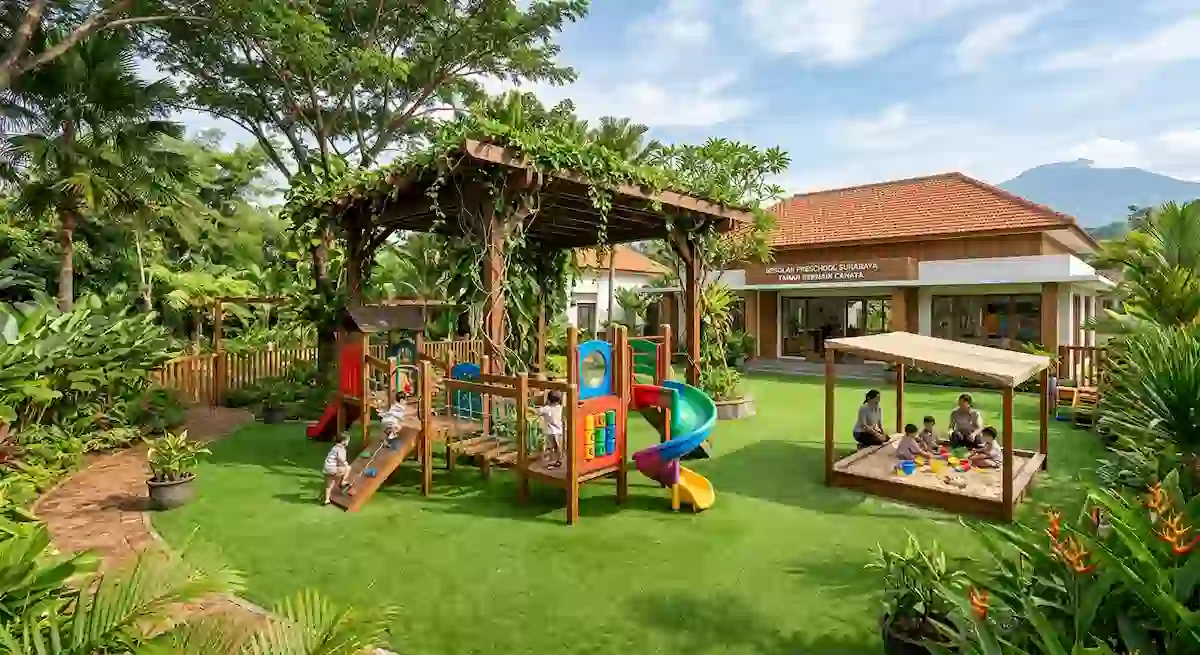 Area bermain luar ruang di TK dengan lantai aman dan teduh