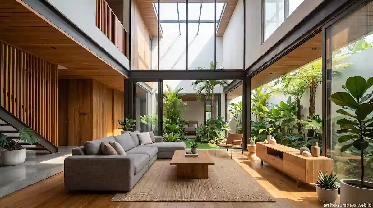 Interior Rumah Tropis Modern Surabaya dengan Void Tinggi