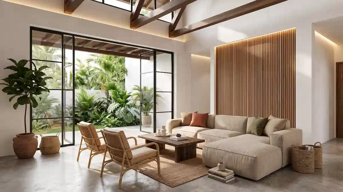 Render 3D interior ruang keluarga dengan cahaya alami